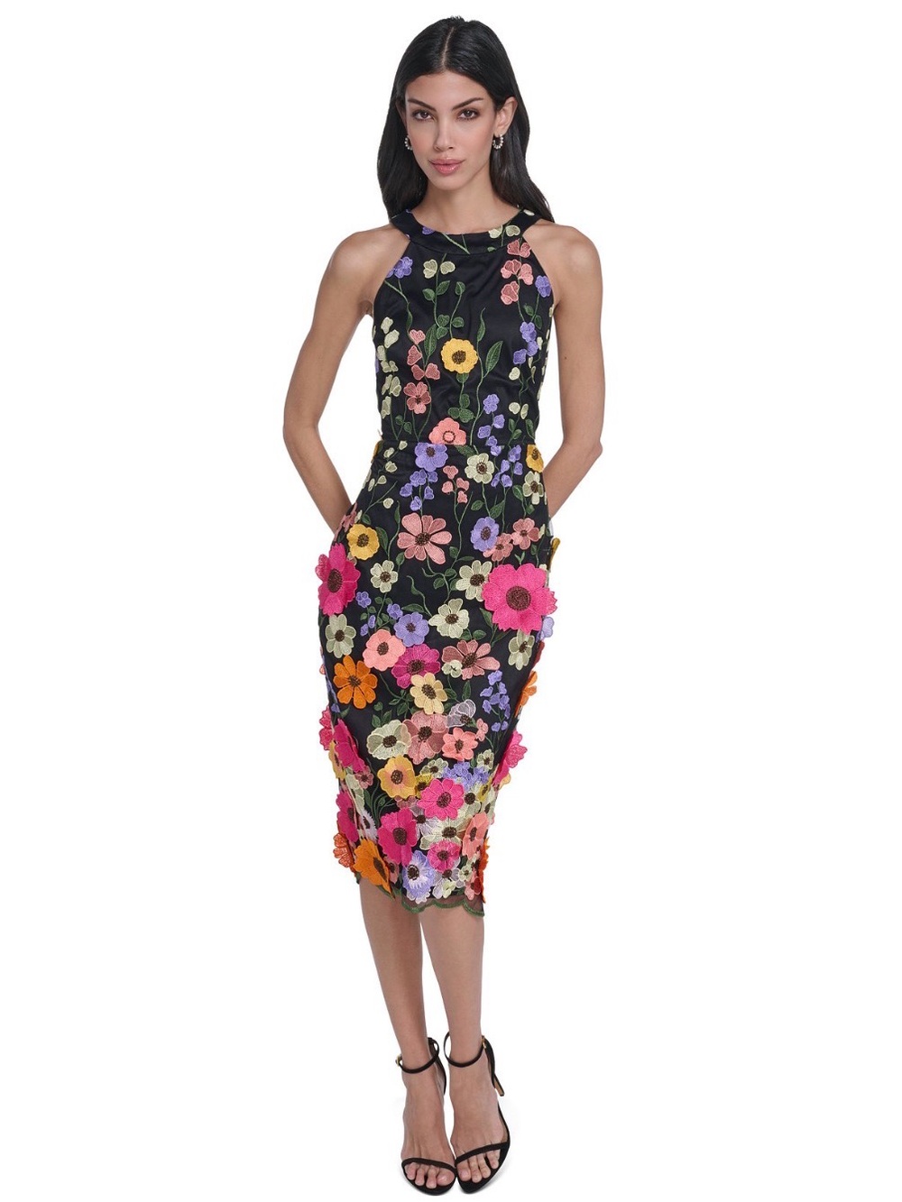 Eliza J Women's 3D Floral Sheath Midi Black & Multicolor Sleeveless Dress,14.R9A